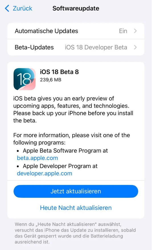 八宿苹果手机维修分享苹果 iOS / iPadOS 18 开发者预览版 Beta 8 发布 